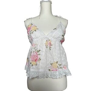Illa‎ Illa White Floral Eyelet Cami Tank Top Ruffle Trim Cottagecore Sleeveless